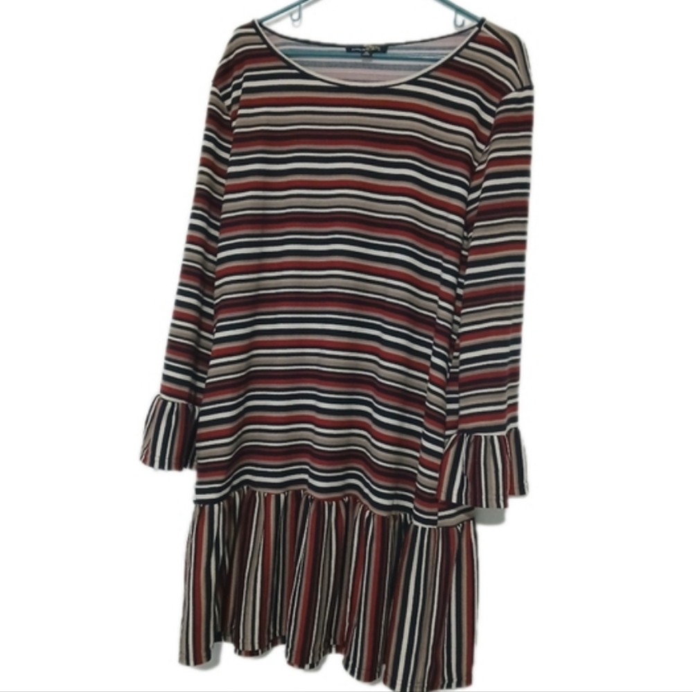Suzanne Betro Tunic Shirt Dress Burgundy Black Striped Womans Size XL Flutter